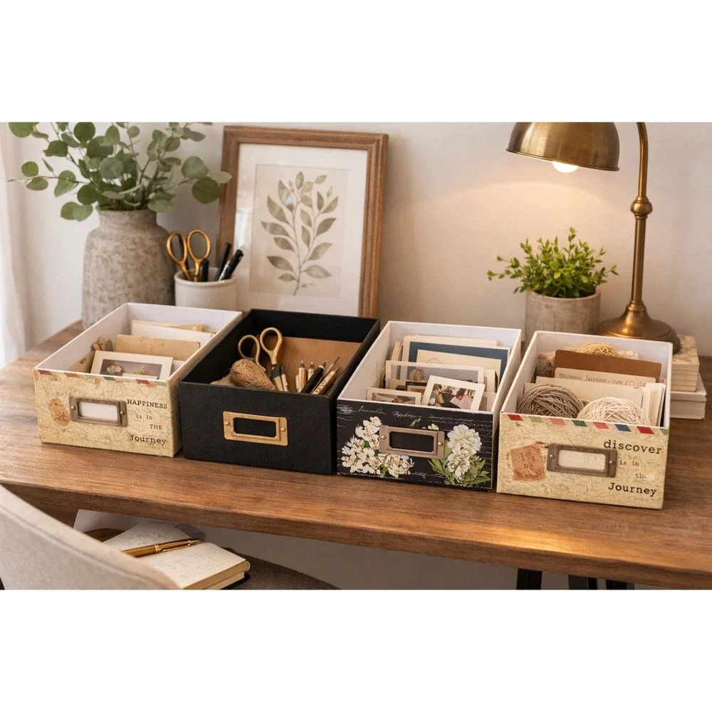 VINTAGE STYLE STORAGE BOX SET OF 4 DECORATIVE‎ ORGANIZER 11x7x4.5 CARD HOLDER